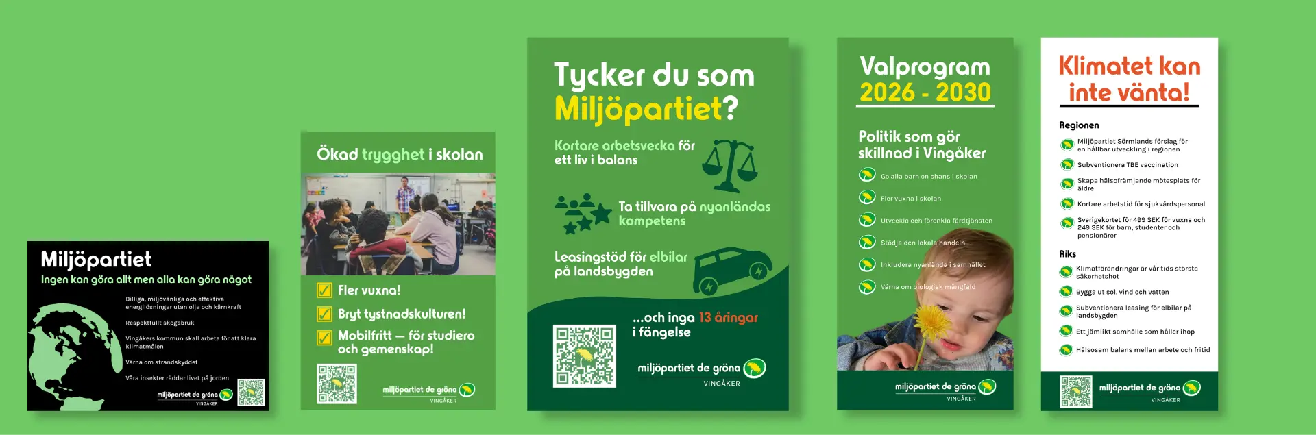 Miljöpartiet campaign graphics: newspaper ad, poster and brochure