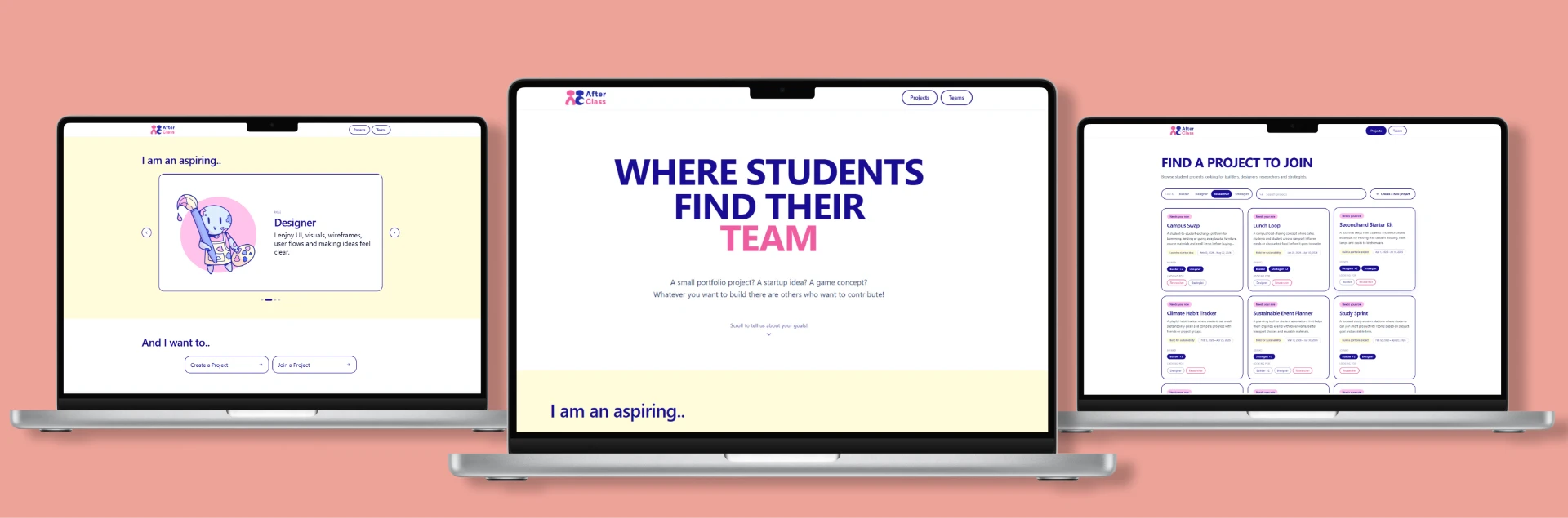 AfterClass website shown on laptop mockups